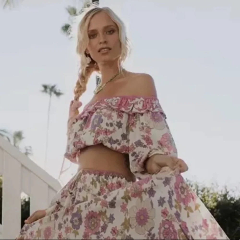 Waverly Boho Pink Floral Print Off Shoulder Crop top Maxi Skirt Set - Picture 13 of 16